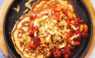 Potato Pancakes with BBQ Beans and Smoked Cheese